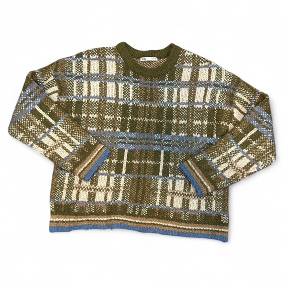 Sweaters - Olive and Blue Plaid Crewneck Sweater